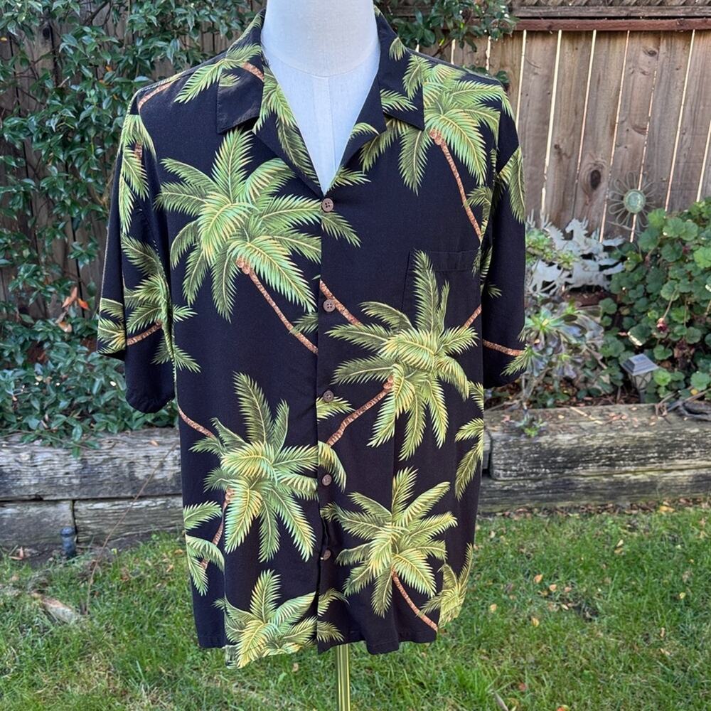 VTG Hilo Hattie Hawaiian Shirt Palm Tree Black Green Men's 2XL USA Hawaii Made